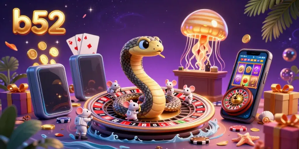 Engage with the thrilling world of b52 with casino-themed characters, vibrant slot games, and a cosmic dealer.