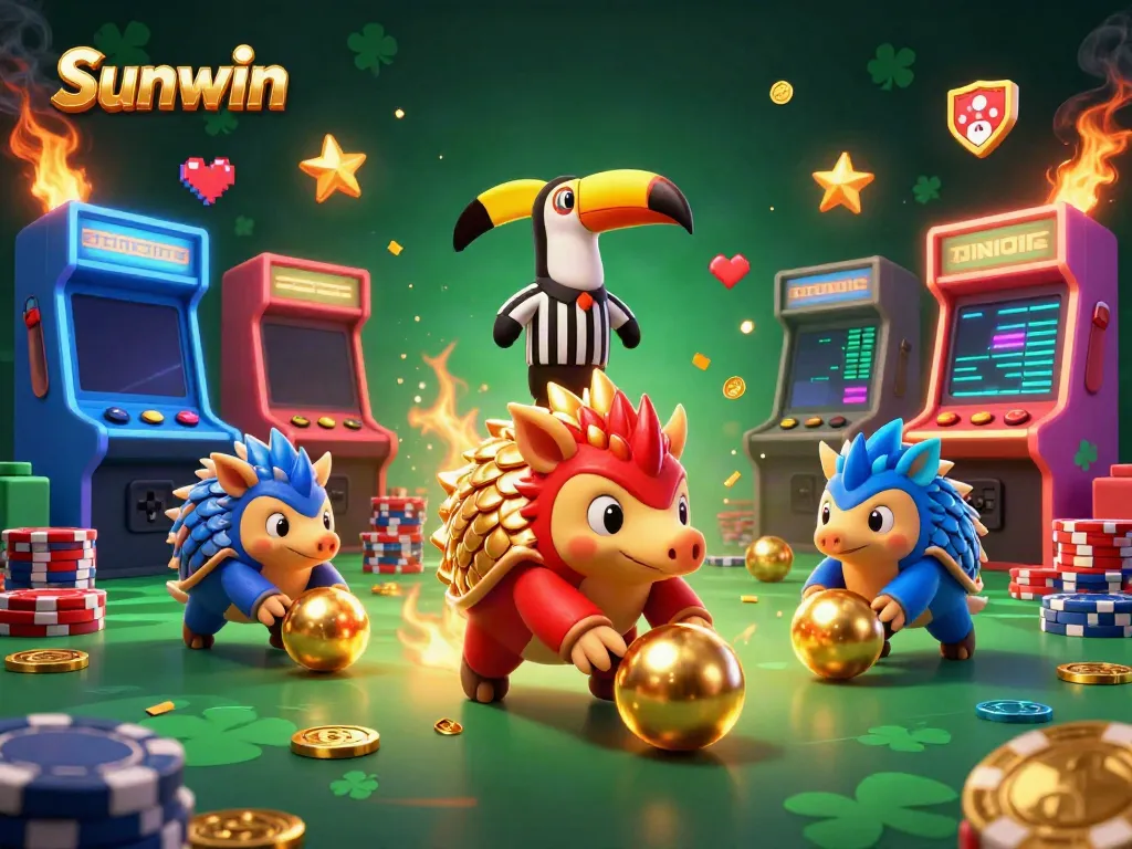 Sunwin pangolins compete in a vibrant casino scene, showcasing stacks of poker chips and golden elements.