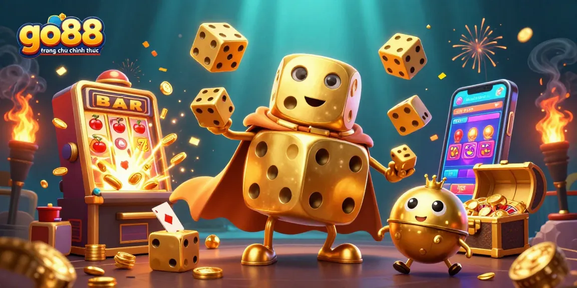 Engage with go88 trang chu chinh thuc in this dynamic casino scene featuring golden dice and slot machines.