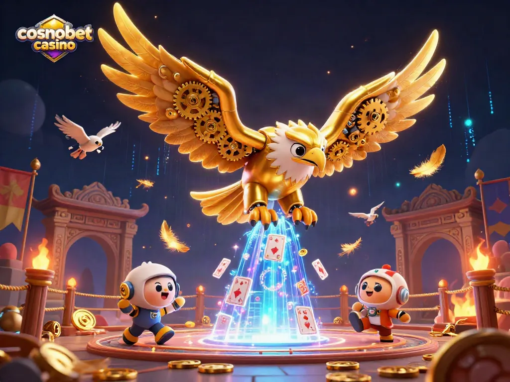 Experience the thrill of betting at cosmobet casino with a vibrant 3D illustration of a cybernetic eagle among playing cards.