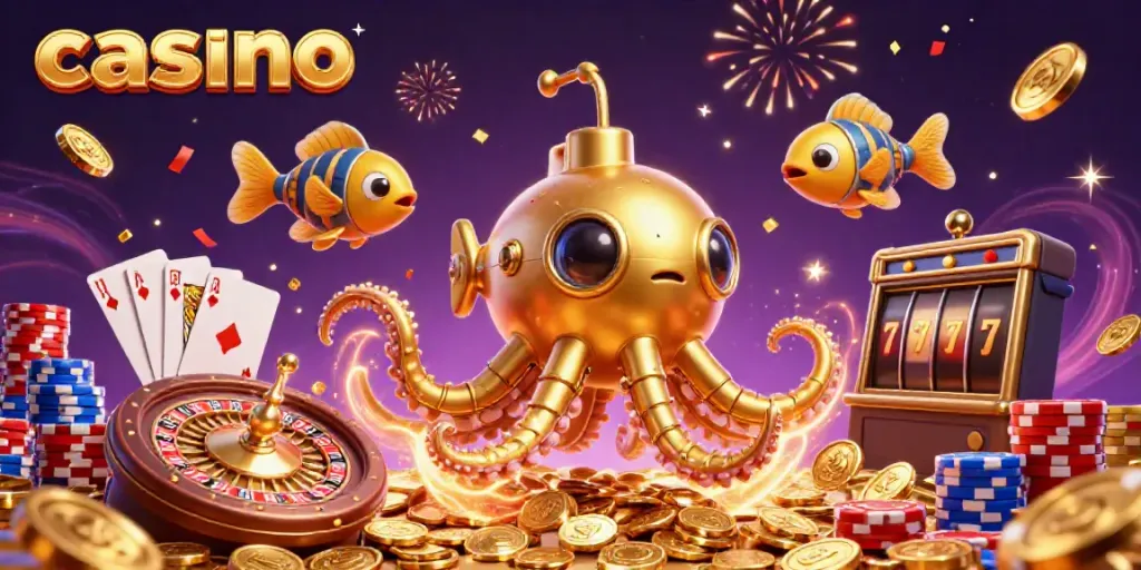 Experience the thrill of casino gaming with a dynamic golden kraken illustration surrounded by coins and gaming elements.