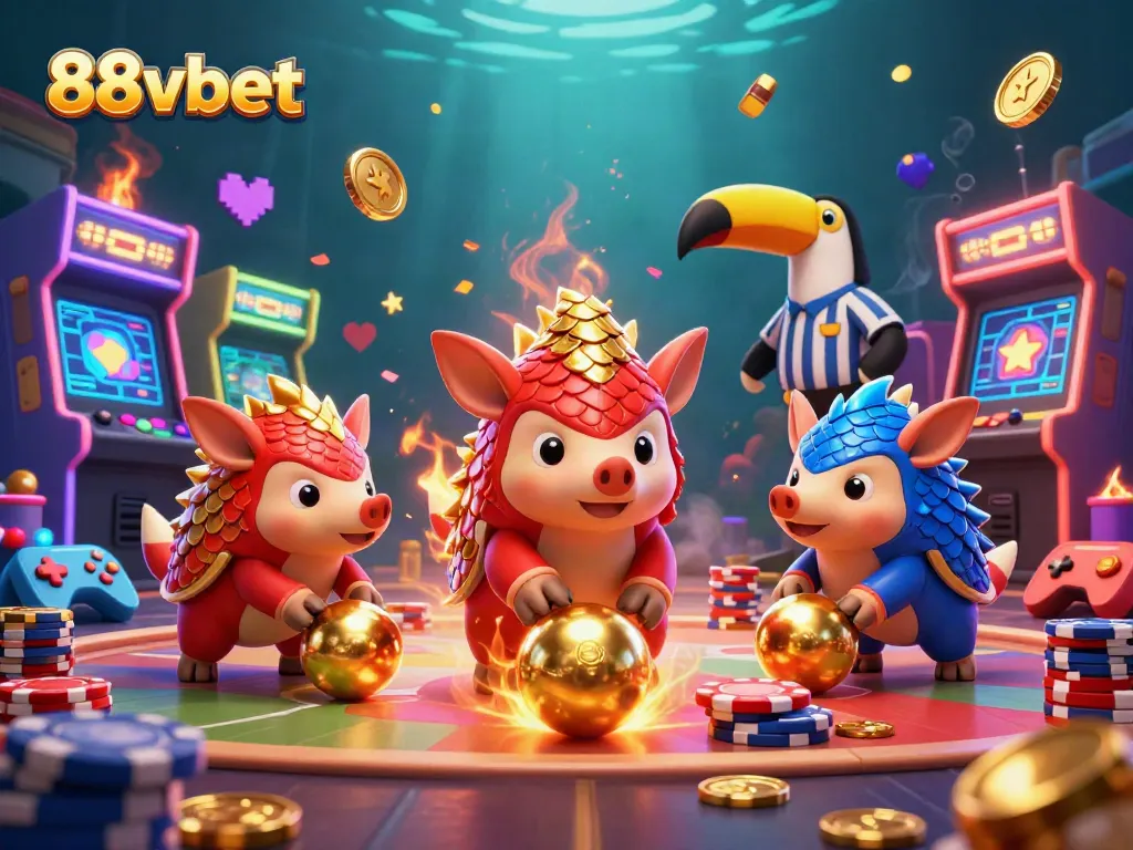 Engage in thrilling games at 88vbet with dynamic pangolins bowling through poker chips in this vibrant illustration.