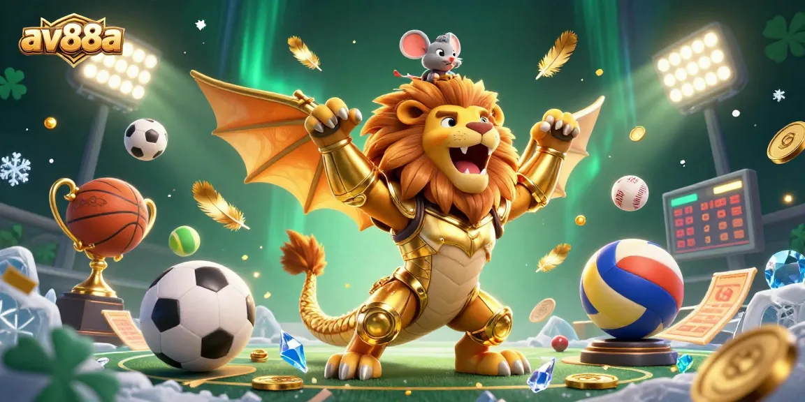 Experience av88a's thrilling gaming with a dynamic 3D illustration featuring a roaring chimera and sports elements.