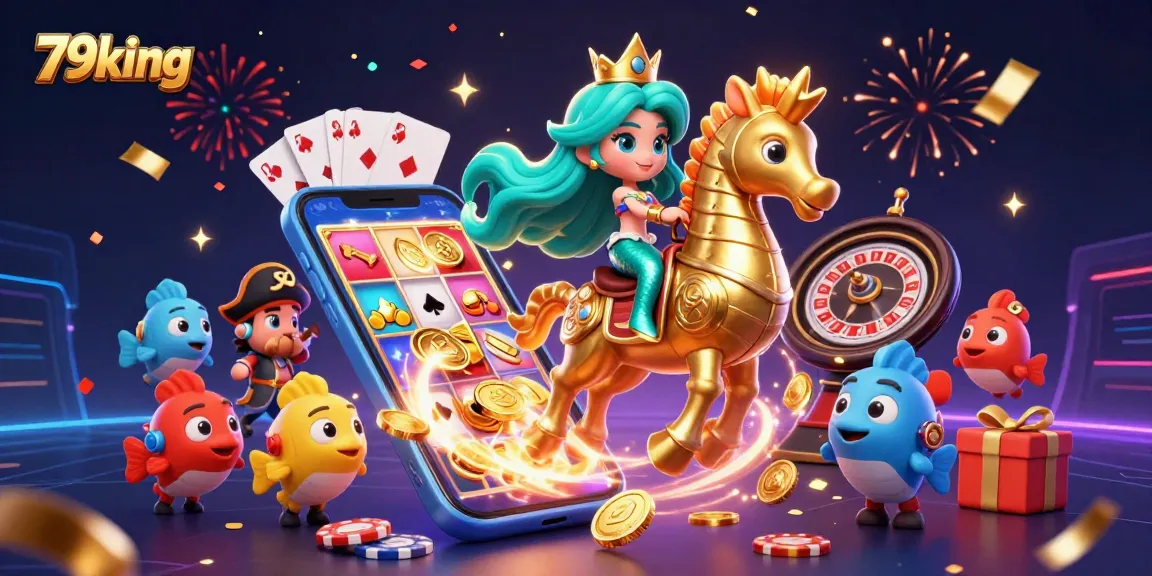Experience fun gaming action with 79king as colorful characters surround a vibrant casino scene.