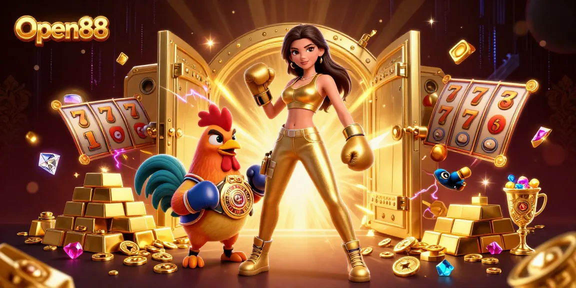 Experience thrill with Open88 as a powerful woman and championship rooster join in a vibrant, gambling-rich scene.