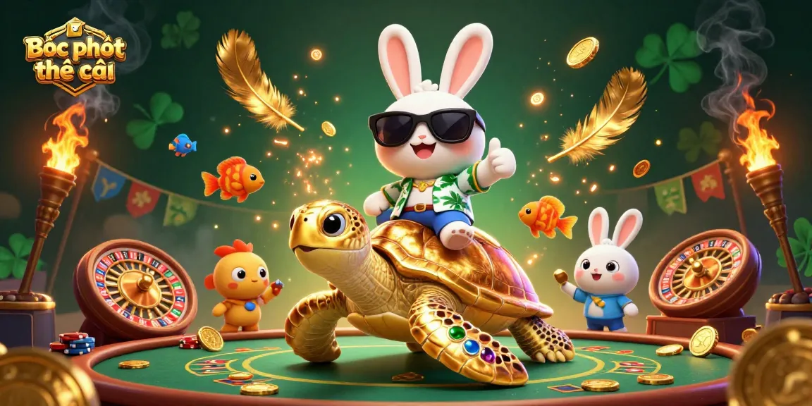 Bóc phốt nhà cái showcases vibrant casino action with lucky rabbit and golden turtle amid casino elements.