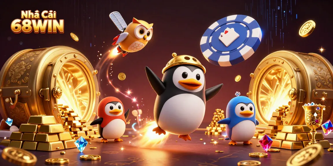 Experience Nhà Cái 68WIN with a golden penguin amidst casino elements, showcasing exciting gameplay.