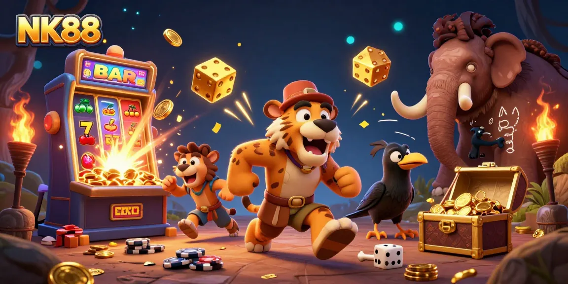 Experience unparalleled excitement at NK88 with unique 3D illustrations featuring casino games and colorful characters.