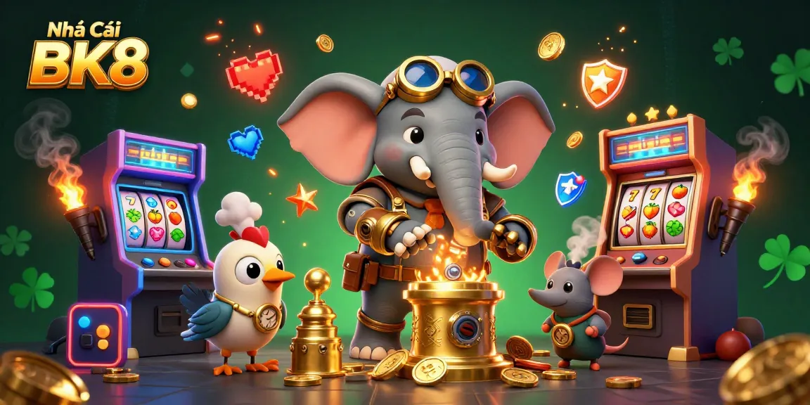 Spin the golden slot machine with the interactive characters of Nhà Cái BK8 and vibrant arcade elements.