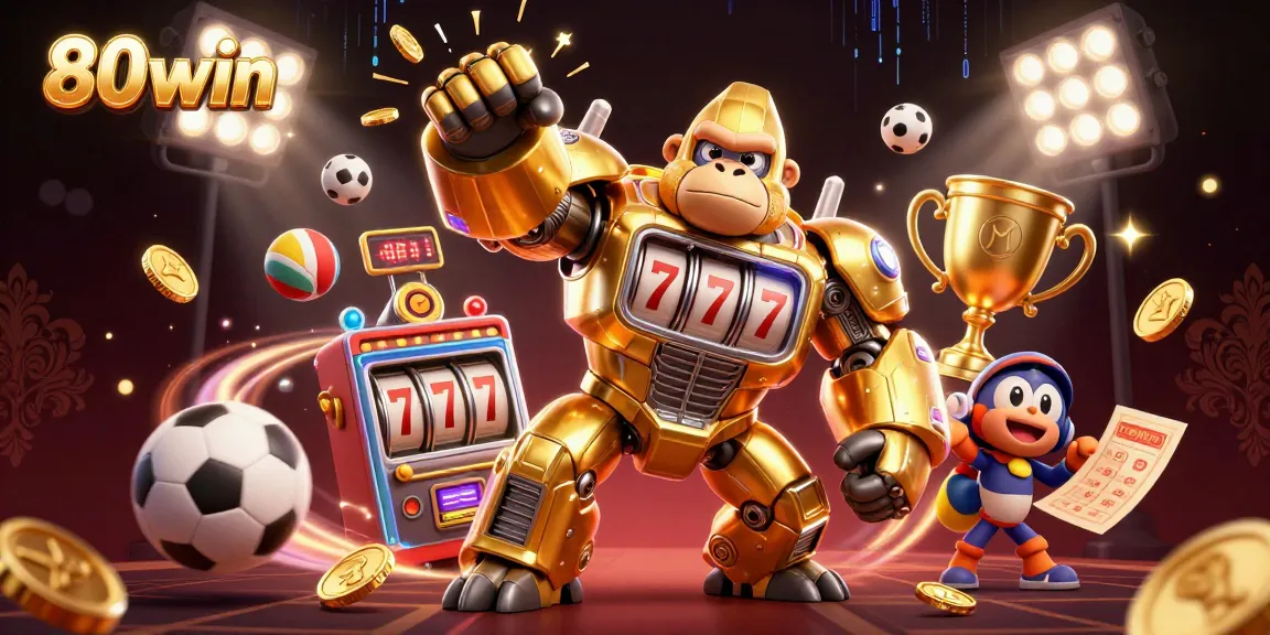 Engage with 80win: Thrilling gaming visuals of a golden mech amidst action-packed sports elements.