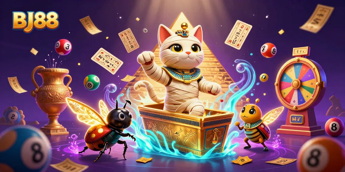 Experience the thrill of BJ88 as the Egyptian mummy cat emerges in an exciting casino scene.