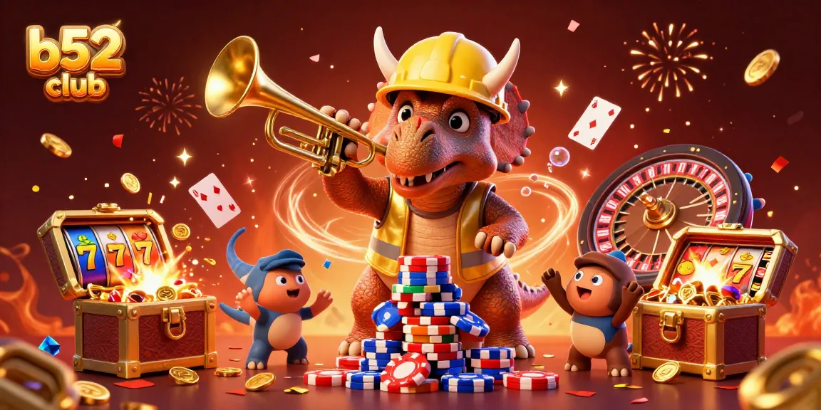 b52club celebrates with a vibrant casino scene featuring a joyous triceratops, lucky slot reels, and festive elements.