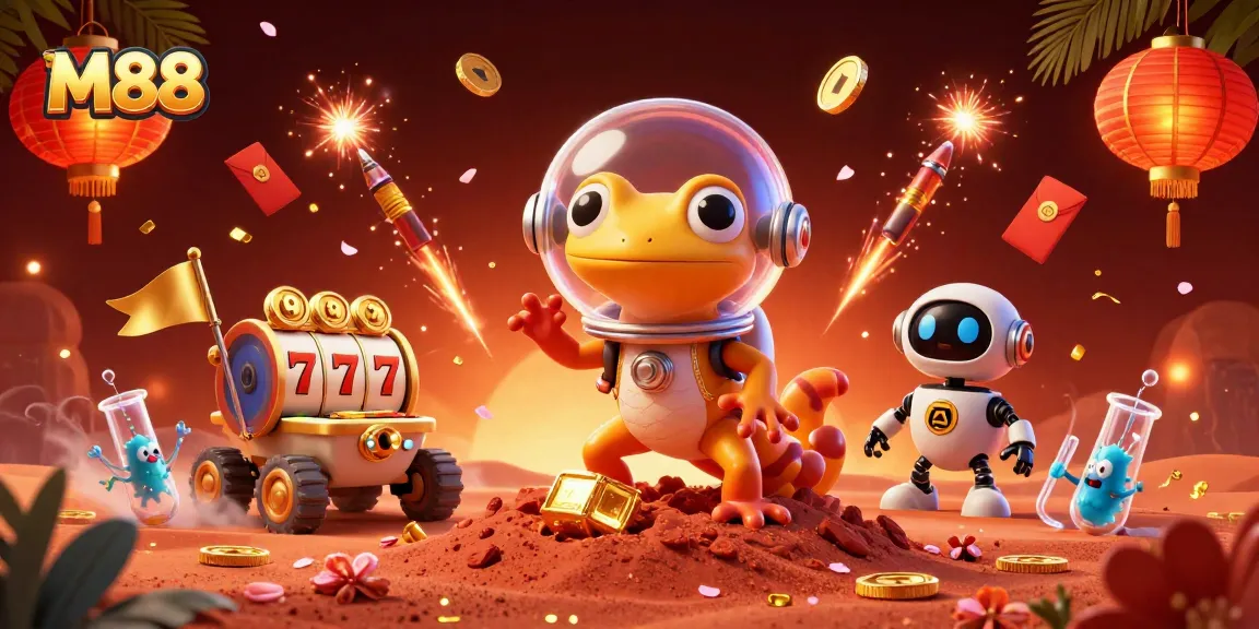 Spin the reels with M88's exciting golden casino, featuring vibrant Martian characters and lucky symbols.