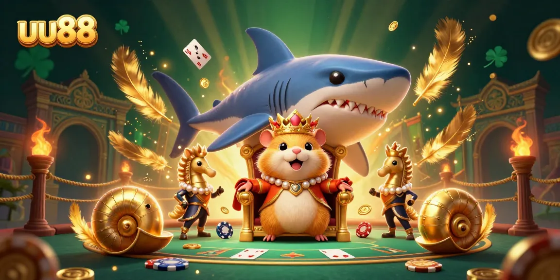 Engage in thrilling poker games at uu88 with a dynamic 3D casino scene showcasing a golden hamster king and royal guards.