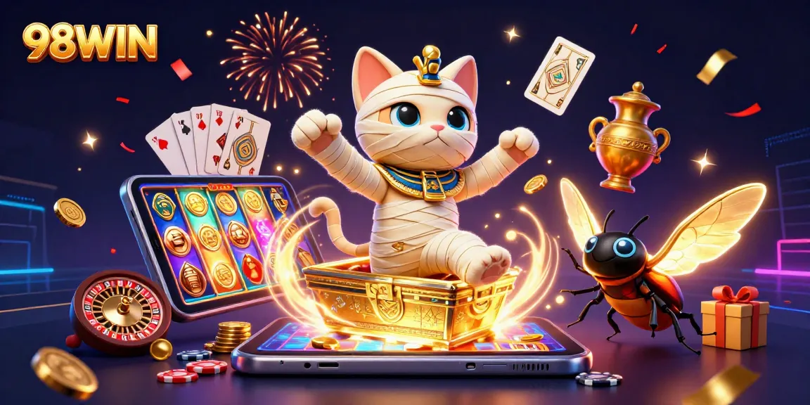 Spin exciting slot games at 98WIN with a vibrant illustration of an Egyptian mummy cat and golden elements.