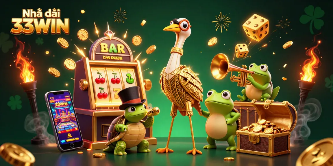 Experience the vibrant thrills of Nhà cái 33WIN with cartoon characters amidst explosive jackpots and casino games.