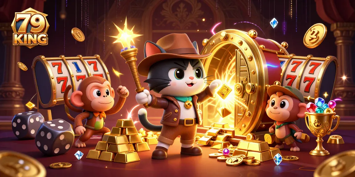 Experience the thrill of 79 KING with a 3D explorer cat and monkey uncovering golden casino artifacts.