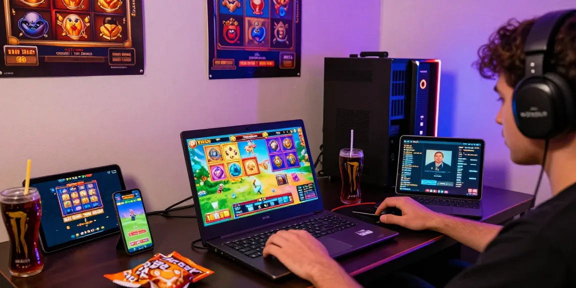 The player enjoys a thrilling gaming session on situs slot deposit 10 ribu, surrounded by devices and colorful slot game graphics.