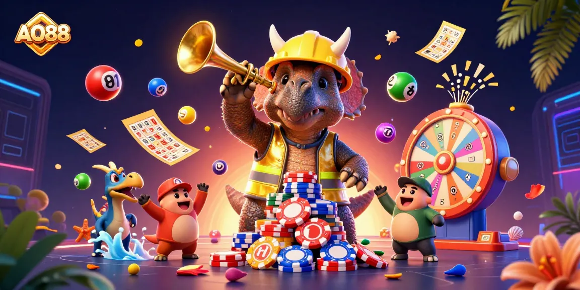 AO88 showcases a dynamic scene with cartoon dinosaurs celebrating lottery wins amidst vibrant casino elements.