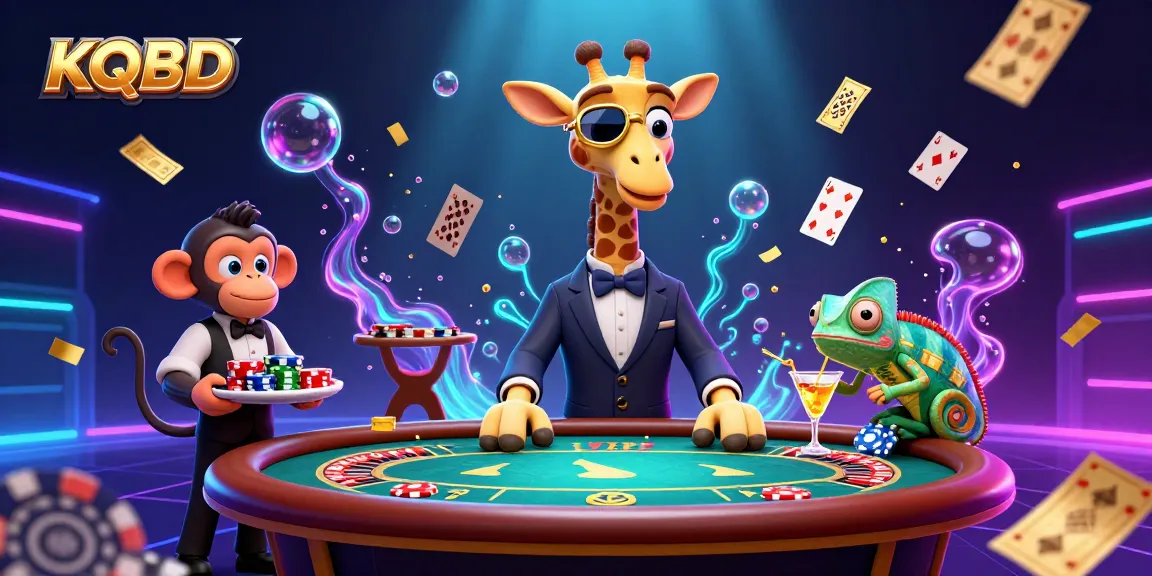 Experience KQBD live with a whimsical scene of a high-roller giraffe, monkey valet, and chameleon bartender in a vibrant casino.