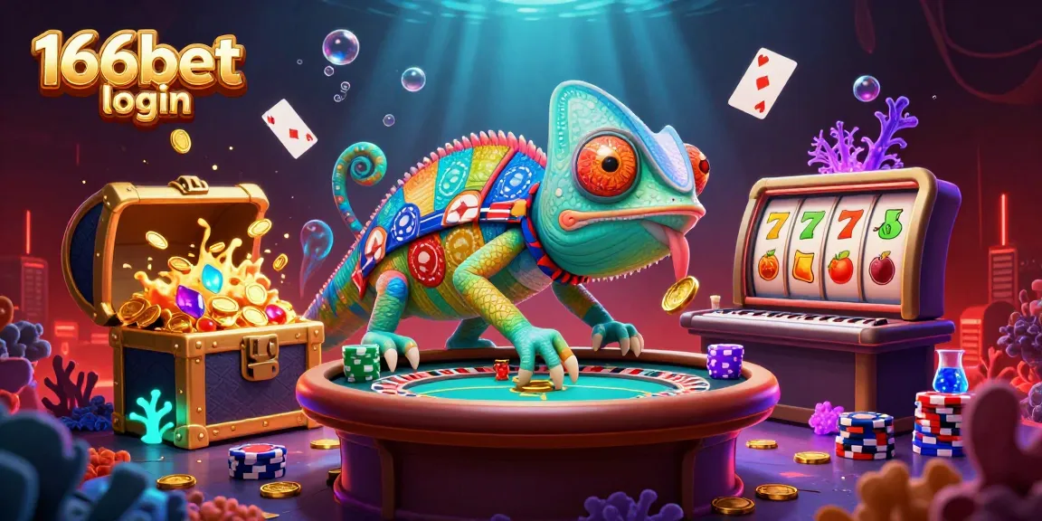 Experience excitement and winnings through 166bet login with a colorful chameleon casino owner amidst dynamic gaming elements.