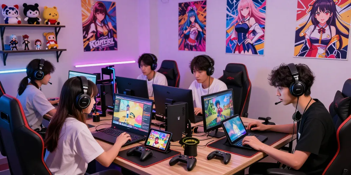 Gamers enjoying online ecchi games in a vibrant gaming studio
