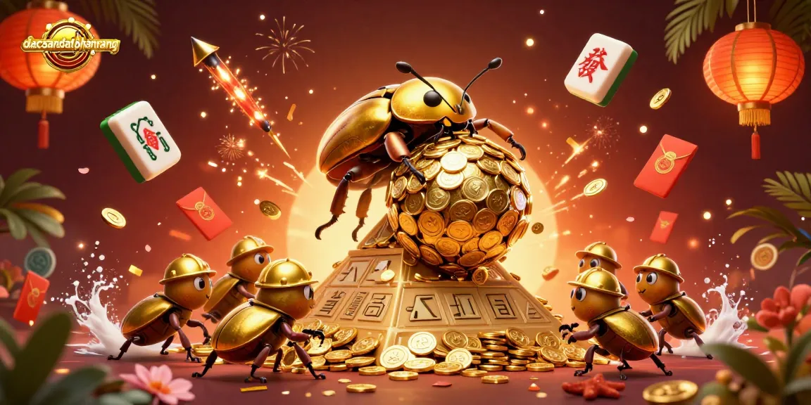 Experience the thrill of dacsandatphanrang as golden beetles roll coins and symbols in this vibrant casino scene.