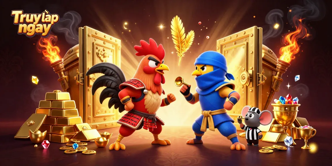 Truy cập ngay for exciting fights between roosters in a vibrant casino scene enriched with treasures and action.