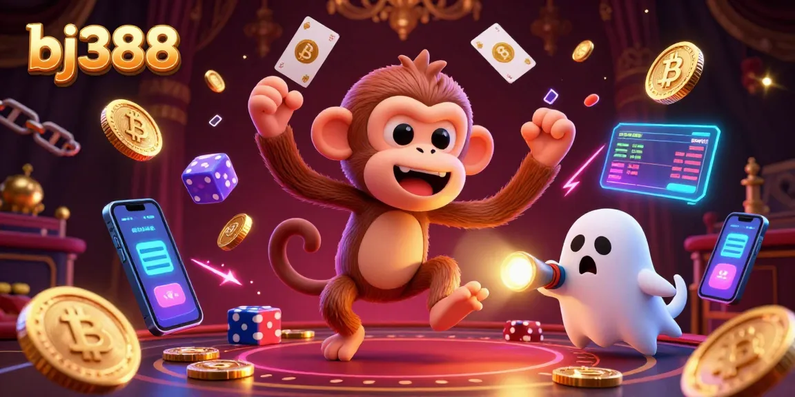Experience exhilarating gaming at bj388 with a poltergeist monkey and ghost-hunter puppy in a vibrant casino.