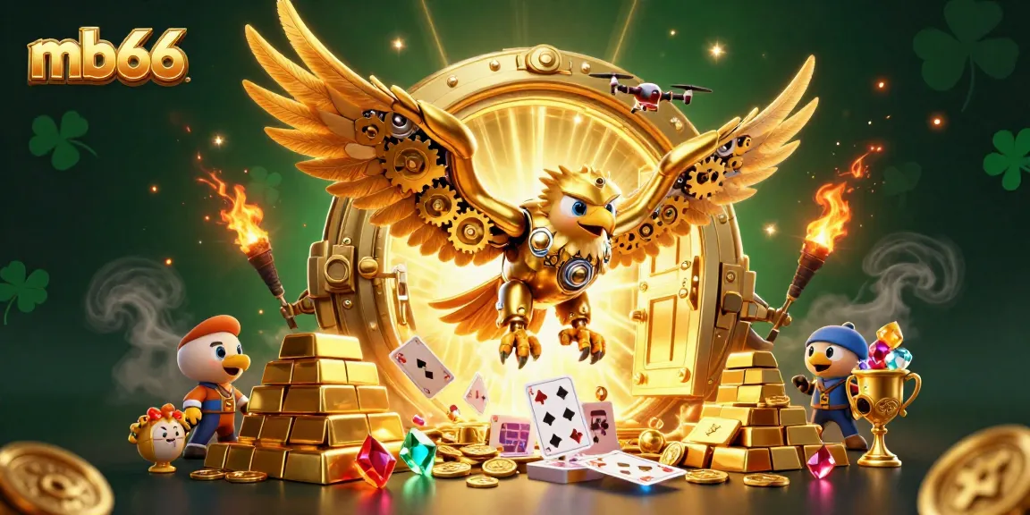 Experience the thrill of mb66 with a golden eagle amidst dazzling 3D casino elements.