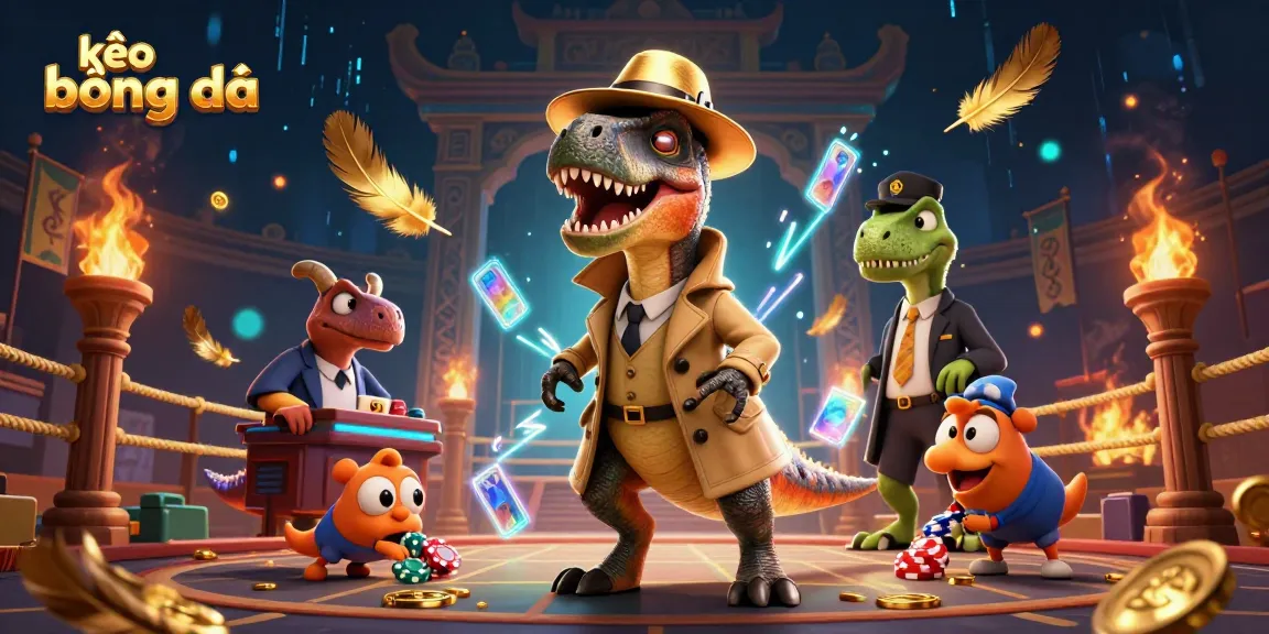 Experience thrilling kèo bóng đá action with a cartoon velociraptor countering bets amidst a dynamic casino scene.