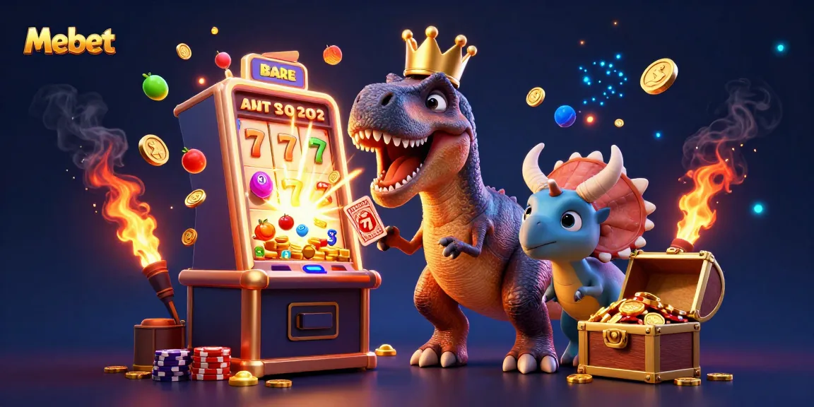 Mebet showcases a lively casino scene with cartoon dinosaurs engaging in card games and stacking chips amidst slot machine chaos.