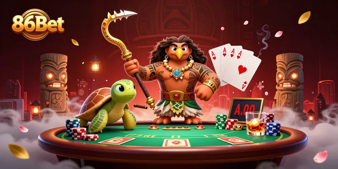Engage with the vibrant atmosphere of 86Bet, featuring a demigod and turtle in a dynamic casino scene.