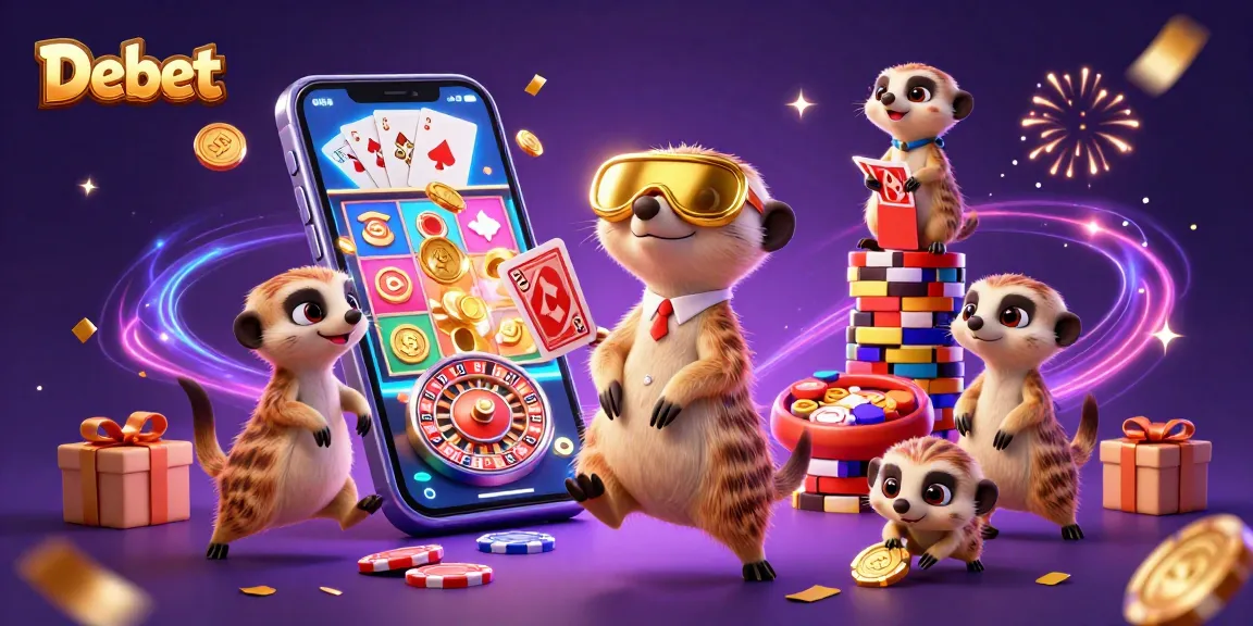 Experience Debet's vibrant casino with meerkats managing slots, cards, and exciting games.