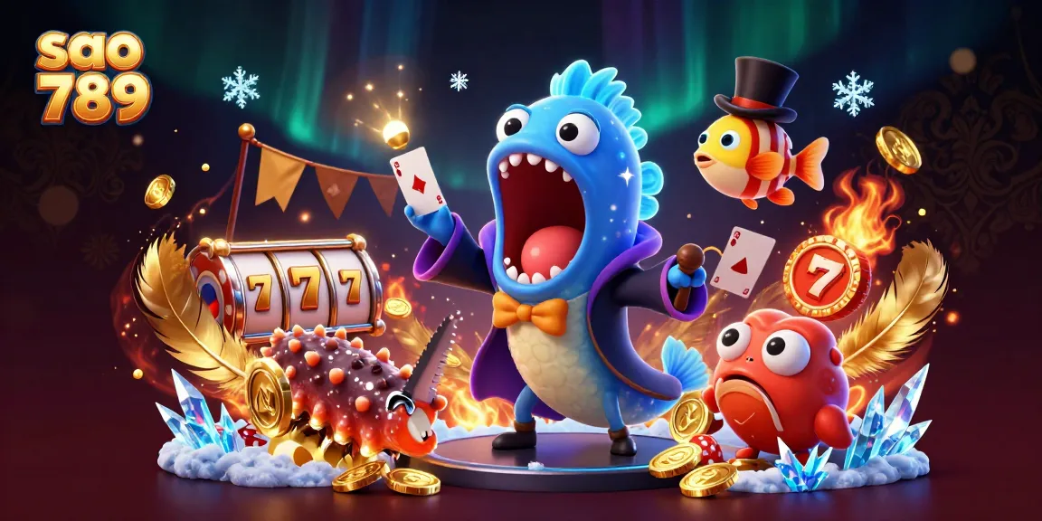 Sao 789 engages players with thrilling slot games in a vibrant casino scene featuring deep-sea characters and magic.