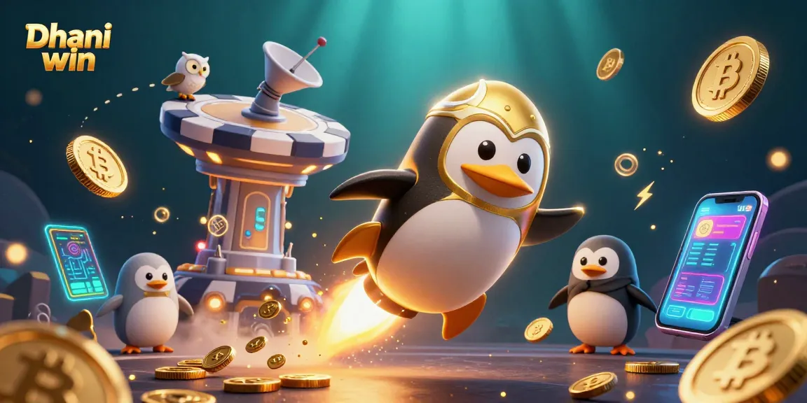 Dhani win's exciting rocket-powered penguin blasts through casino-themed space with golden coins.