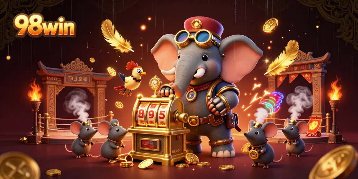 Experience thrilling gaming at 98win with a steampunk elephant and golden slot machine amidst a vibrant casino atmosphere.