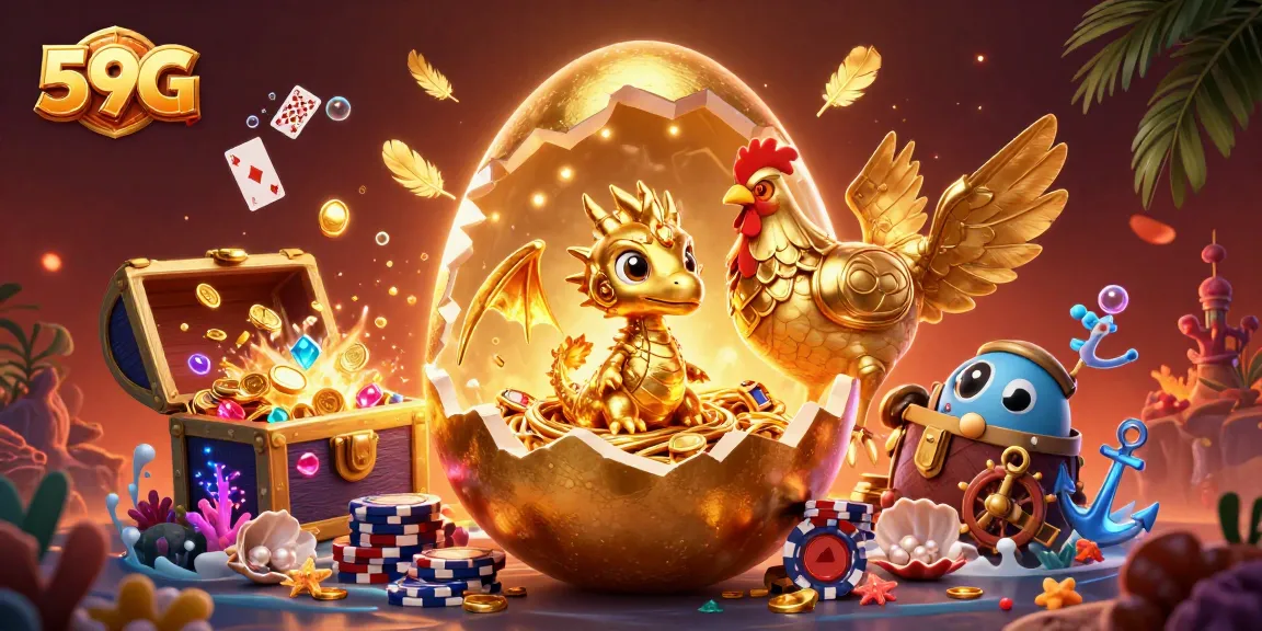 Engage with 59G's vibrant gaming world, featuring golden treasures and a baby dragon for maximum win potential.