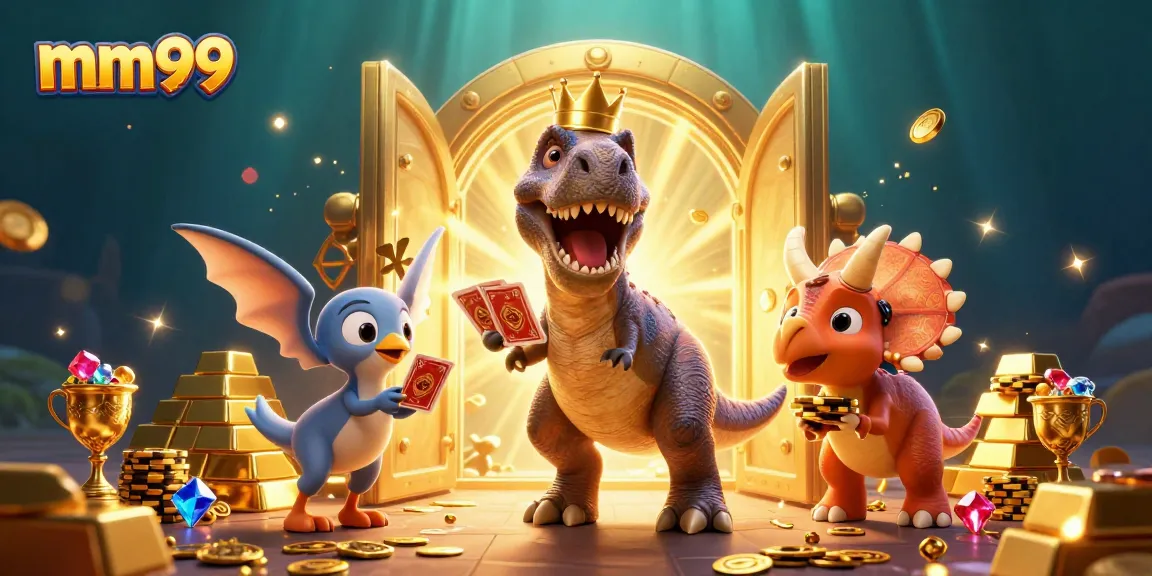 Engage in thrilling gameplay at mm99, featuring a friendly T-Rex and vibrant casino elements.