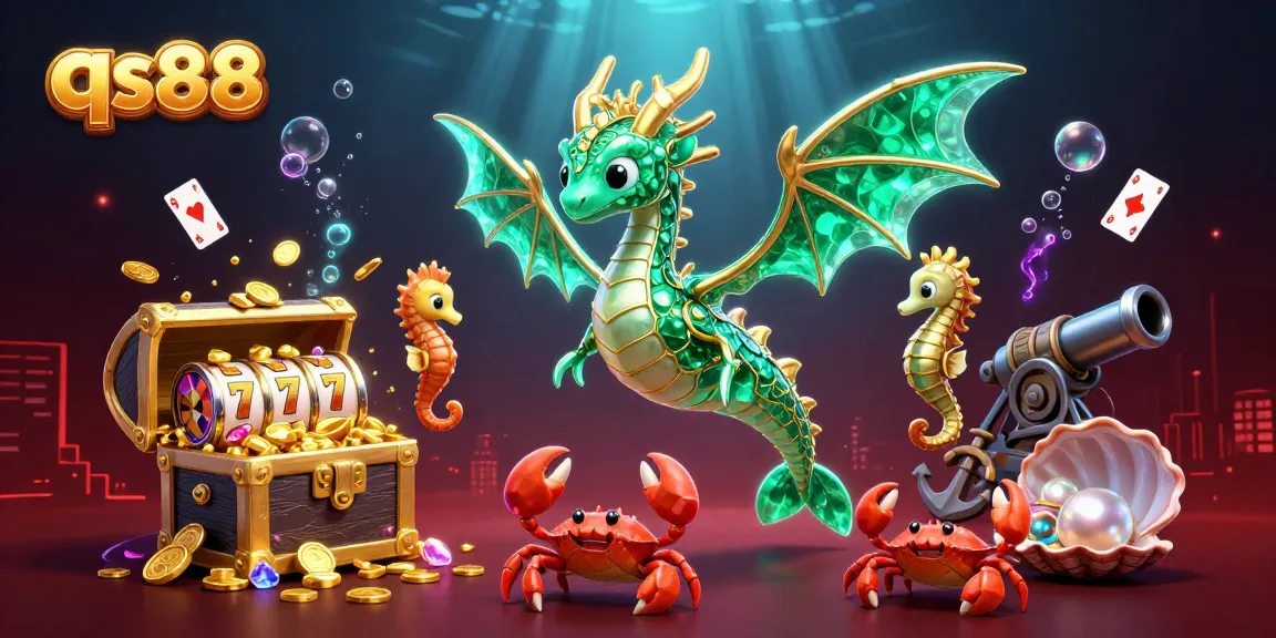 Spin lucky reels at qs88 with an emerald sea dragon and treasures swirling in a vibrant casino scene.