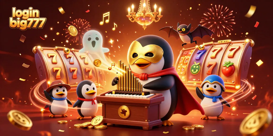 Experience the excitement of login big777 as golden coins cascade from a whimsical pipe organ in a lively casino setting.