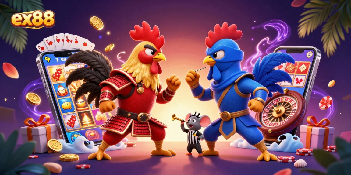 Experience the thrill of ex88 as roosters clash, embodying excitement in vibrant casino gaming.