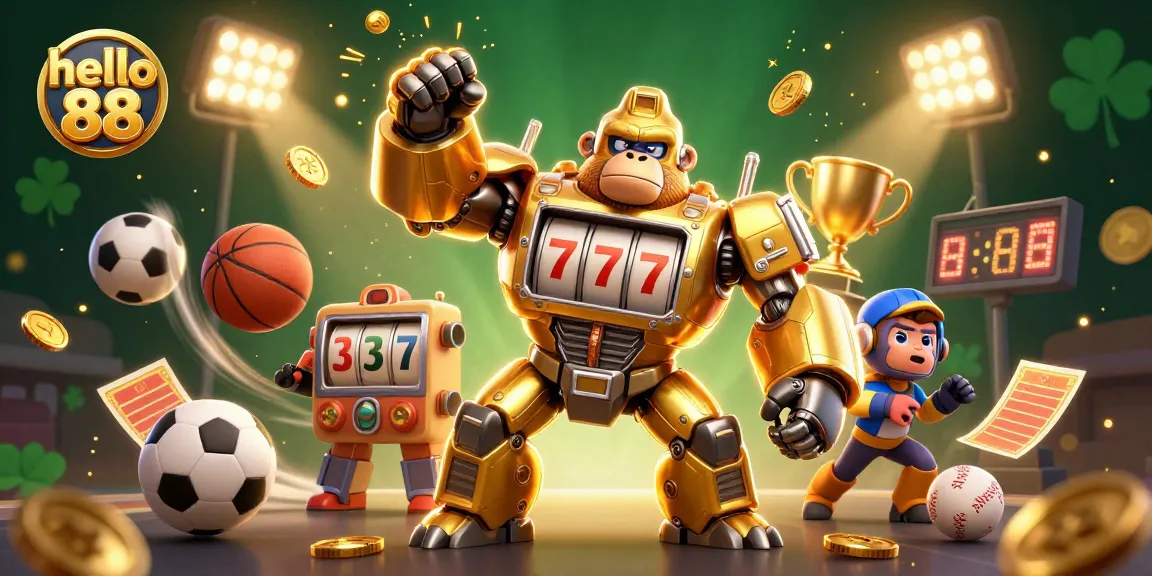 Hello 88 showcases thrilling gaming action with dynamic sports elements and a golden gorilla mech in a vibrant illustration.