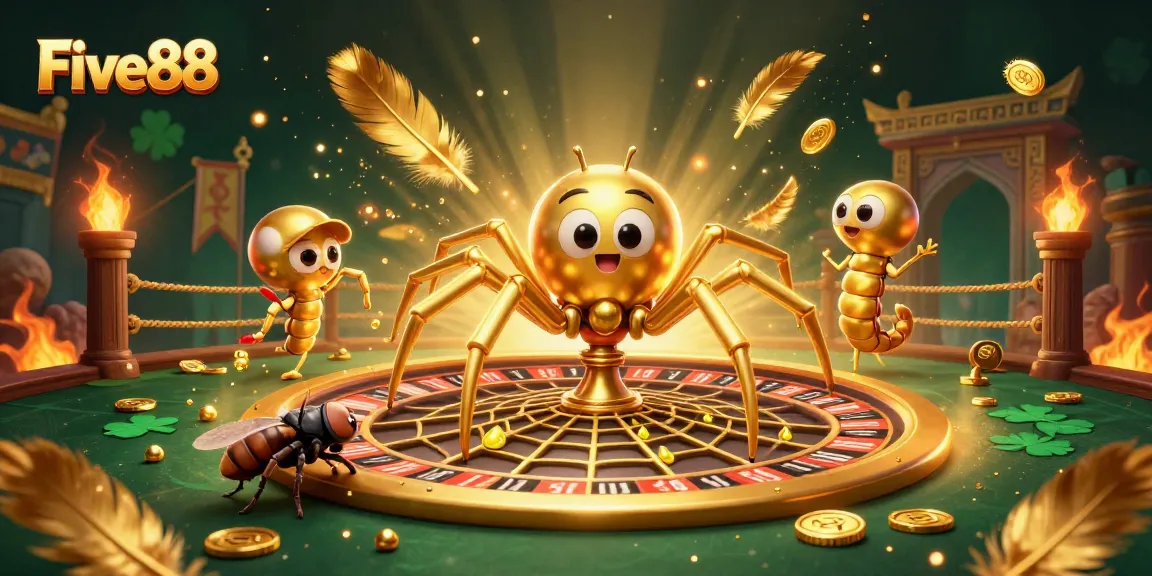 Experience Five88's thrilling action with a golden spider and centipede in a vibrant casino scene.
