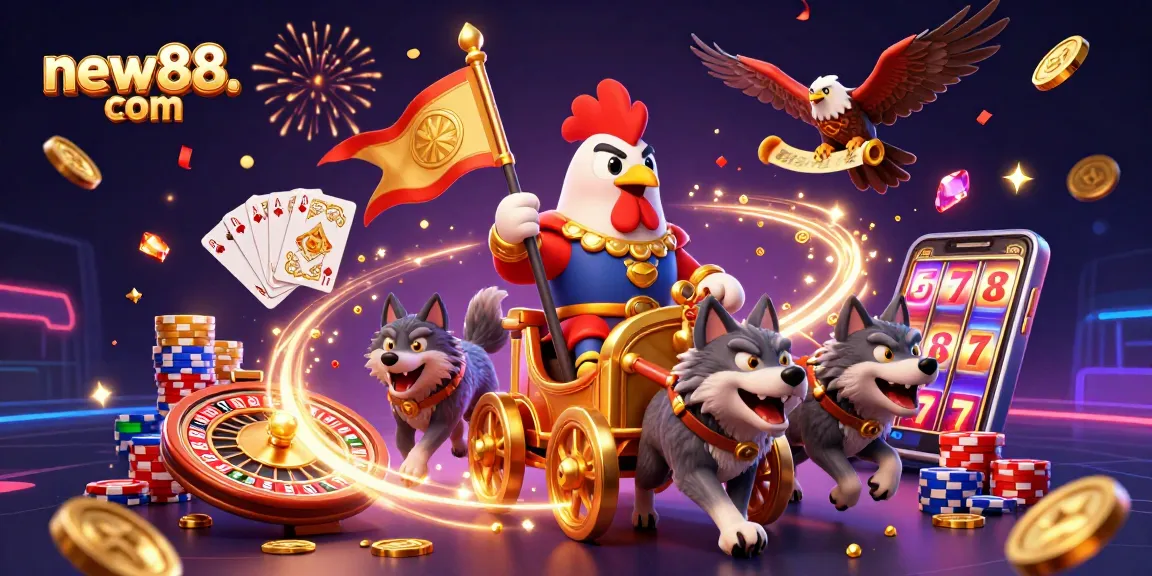 Experience thrilling gameplay with new88. com featuring a 3D rooster warlord in an energetic casino scene.