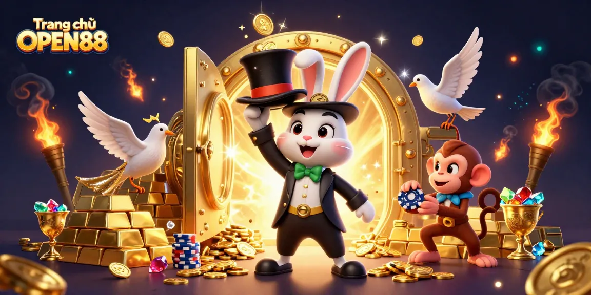 Win big with exciting games on Trang chủ OPEN88, featuring a magical scene of wealth and treasures.