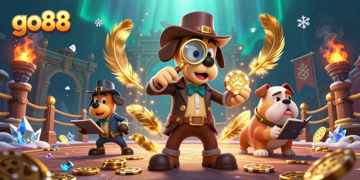 Engage with go88's dynamic gaming thrill as detective characters uncover golden poker chips in an exciting scene.