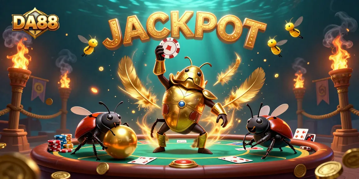 Engage with DA88 as the hercules beetle triumphantly lifts a poker chip amidst a vibrant casino scene.