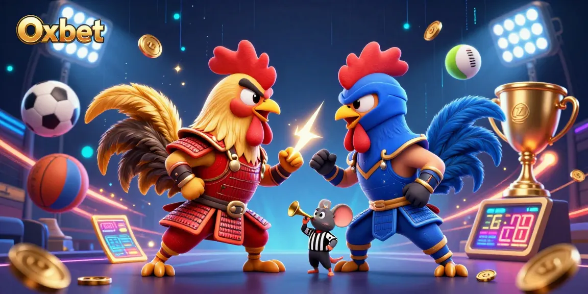 Oxbet offers thrilling sports betting action with dynamic 3D roosters in a standoff.