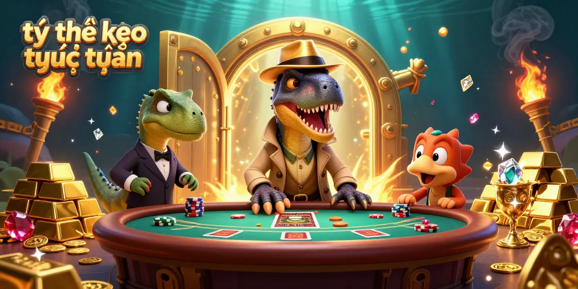 Explore the vibrant world of tỷ lệ kèo trực tuyến with animated casino characters and dazzling treasures.